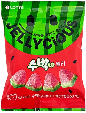 Lotte~Жевательный мармелад со вкусом арбуза (Корея)~Jellycious Watermelon Flavor 